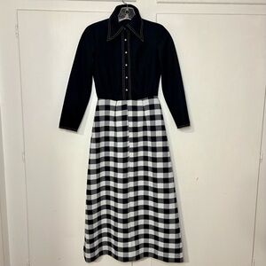 70s Black Gingham Vicky Vaughn Dagger Collar Long Sleeve Dress Juniors Petite